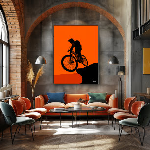 Mountainbiker Poster – Zwarte Silhouet op Oranje