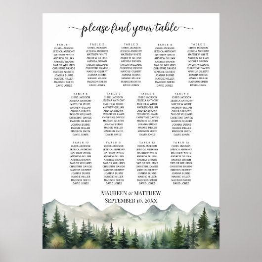 Mountains and Pines 13 Tables Wedding Seating Poster (Voorkant)