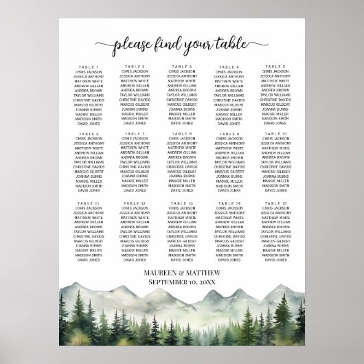 Mountains and Pines 15 Tables Wedding Seating Poster (Voorkant)