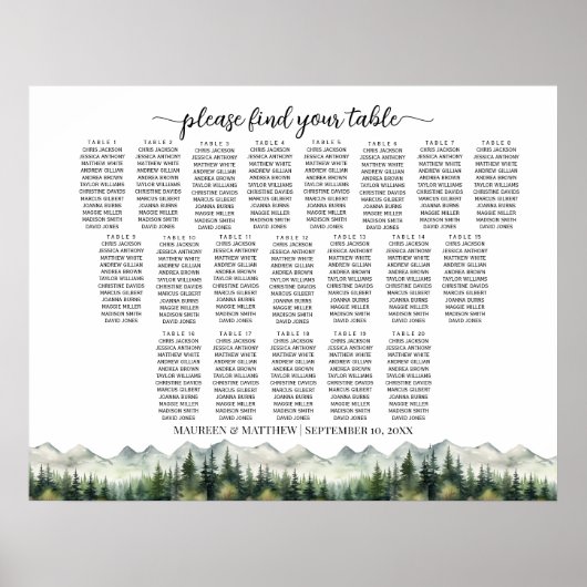 Mountains and Pines 20 Tables Wedding Seating Poster (Voorkant)
