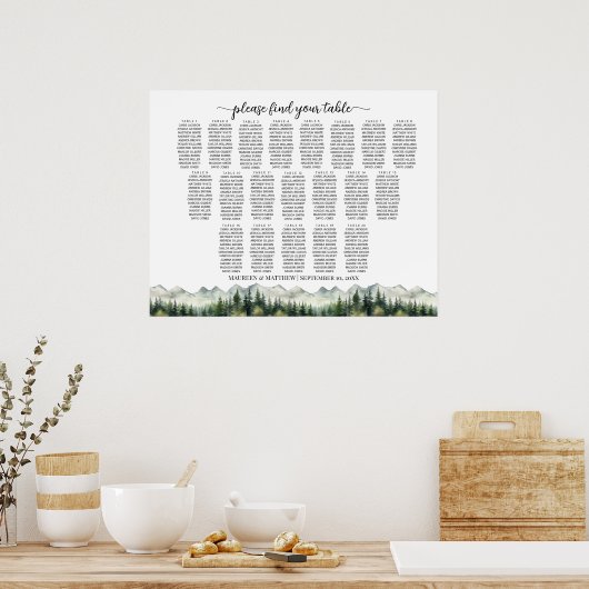 Mountains and Pines 20 Tables Wedding Seating Poster (Keuken)