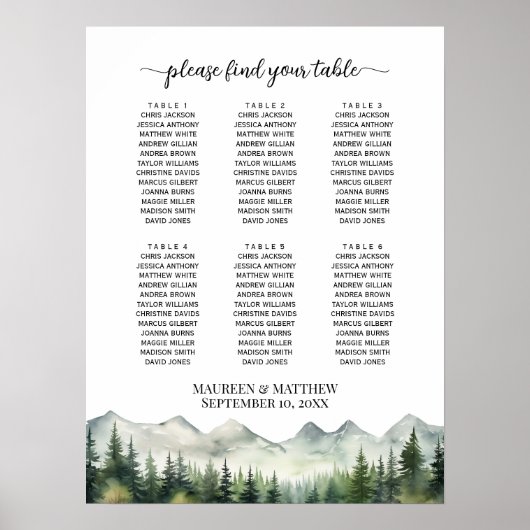 Mountains and Pines 6 Tables Wedding Seating Poster (Voorkant)