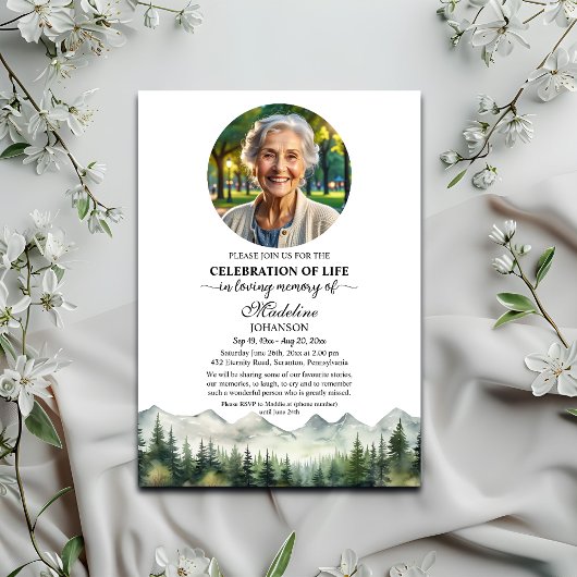 Mountains and Trees Celebration Of Life Funeral Kaart