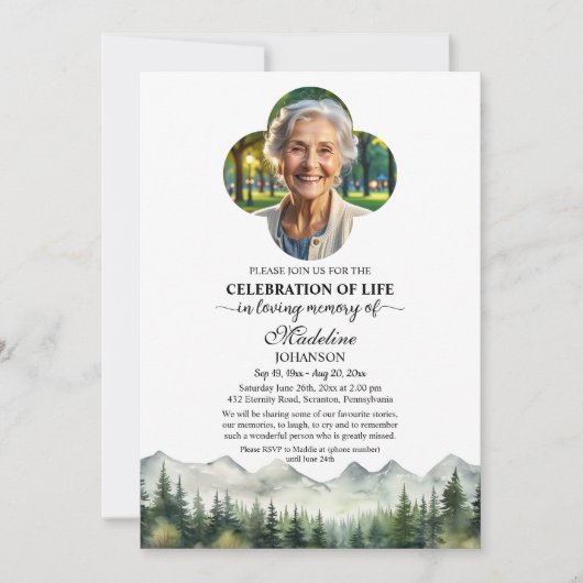 Mountains and Trees Celebration Of Life Funeral Kaart (Voorkant)