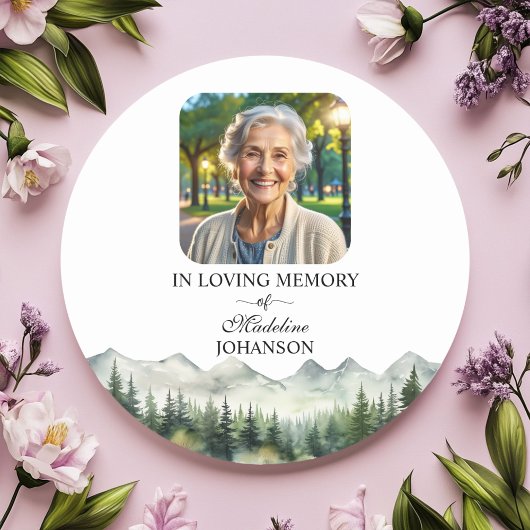 Mountains and Trees Celebration Of Life Funeral Ronde Sticker