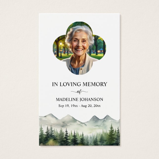 Mountains and Trees Memorial Photo Prayer Card Visitekaartje (Voorkant)