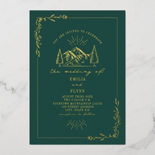 Mountains Emerald Wedding Folie Uitnodiging (Voorkant)