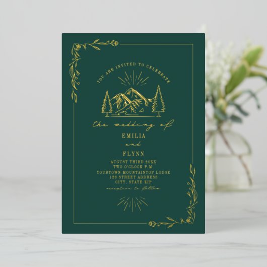 Mountains Emerald Wedding Folie Uitnodiging (Staand Voorkant)