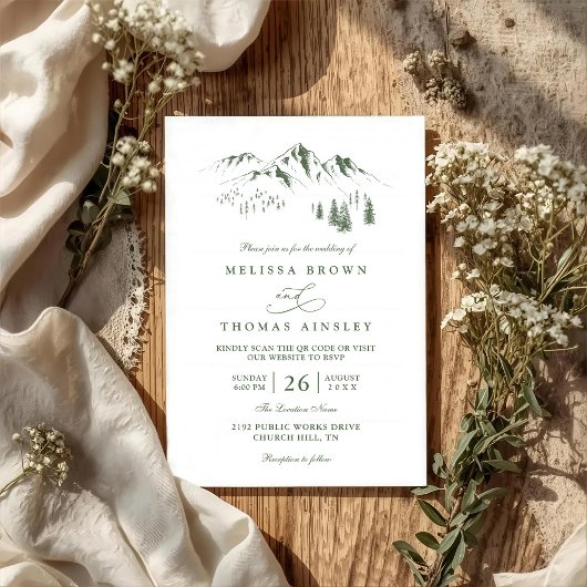Mountains Forest Trees Pine Rustic QR Code Wedding Kaart