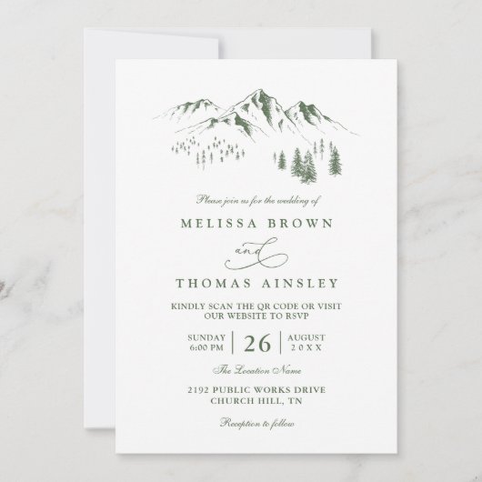 Mountains Forest Trees Pine Rustic QR Code Wedding Kaart (Voorkant)