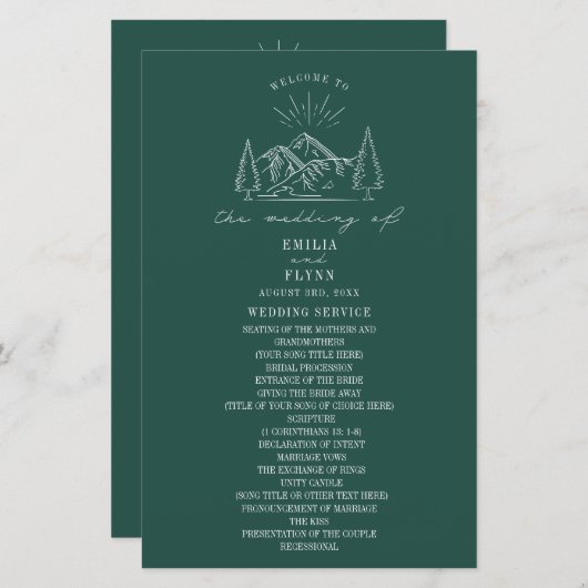 Mountains Line Art Emerald Wedding Program (Voorkant / Achterkant)