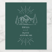 Mountains Line Art Emerald Wedding Wijn Etiket (Enkel label)