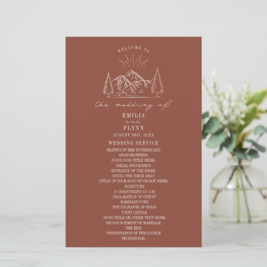Mountains Line Art Terracotta Wedding Program Hand (Staand voorkant)