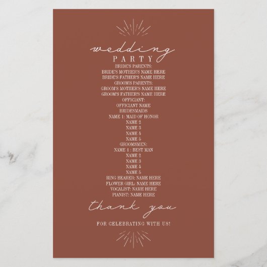 Mountains Line Art Terracotta Wedding Program Hand (Achterkant)