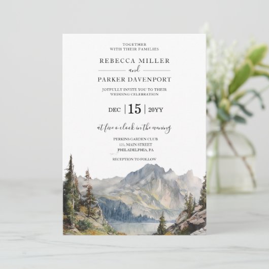 Mountains meer bruiloft uitnodiging (Staand voorkant)