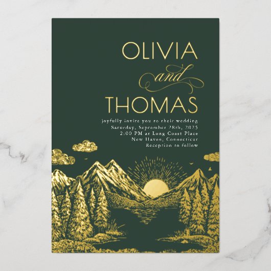 Mountains Nature Sunset Romantic Elegant Wedding Folie Uitnodiging (Voorkant)