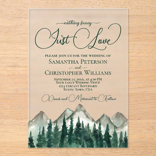 Mountains & Pine Niets Fancy Alleen Liefde Trouwen Acryl Uitnodigingen (Voorkant)