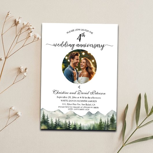 Mountains Pine Trees 4th Wedding Anniversary Photo Kaart