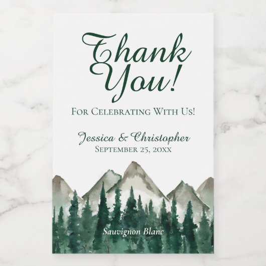 Mountains & Pine Wedding Thank You Mini Wijn Etiket (Enkel label)