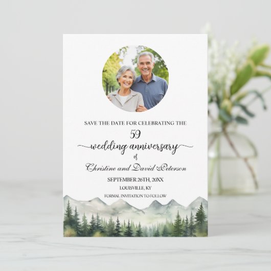 Mountains Pines 59 Wedding Anniversary Photo Save The Date (Staand voorkant)