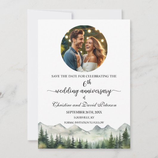 Mountains Pines 6th Wedding Anniversary Photo Save The Date (Voorkant)