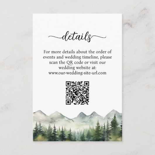 Mountains Pines QR Code Wedding Details Informatiekaartje (Voorkant)