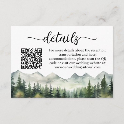  Mountains Pines QR Code Wedding Details Informatiekaartje (Voorkant)
