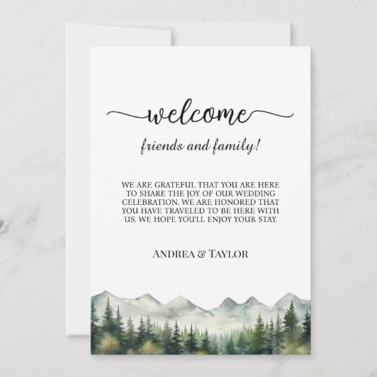 Mountains Pines Wedding Bag Letter & Timeline Card Kaart (Voorkant)