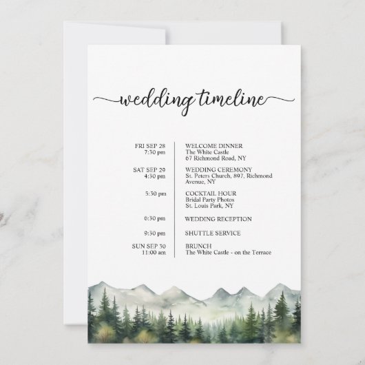 Mountains Pines Wedding Bag Letter & Timeline Card Kaart (Achterkant)
