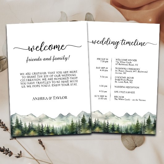 Mountains Pines Wedding Bag Letter & Timeline Card Kaart