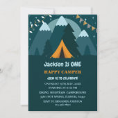 Mountains Tent One Happy Camper First Birthday Kaart (Voorkant)