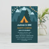 Mountains Tent One Happy Camper First Birthday Kaart (Staand voorkant)