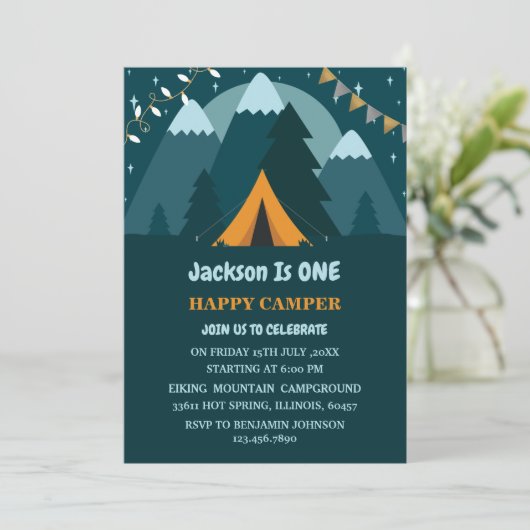 Mountains Tent One Happy Camper First Birthday Kaart (Staand voorkant)