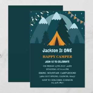 Mountains Tent One Happy Camper First Birthday Kaart