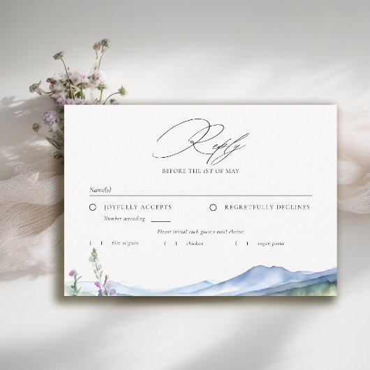Mountains Wildflowers Meadow Modern Wedding Meal RSVP Kaartje