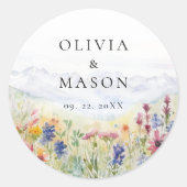 Mountains Wildflowers Meadow Rustic Floral Wedding Ronde Sticker (Voorkant)