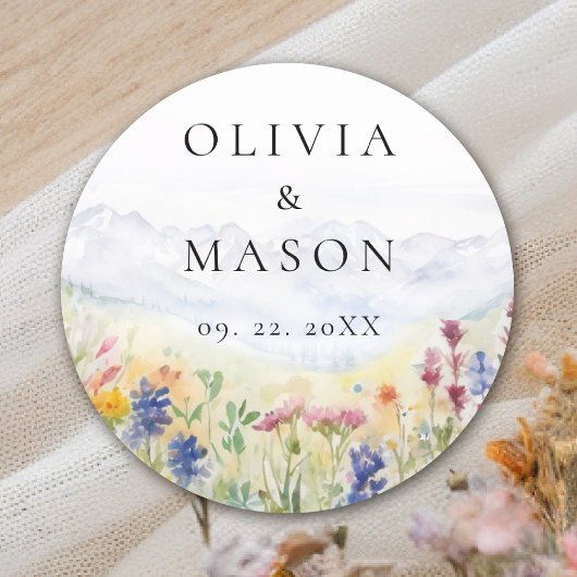 Mountains Wildflowers Meadow Rustic Floral Wedding Ronde Sticker