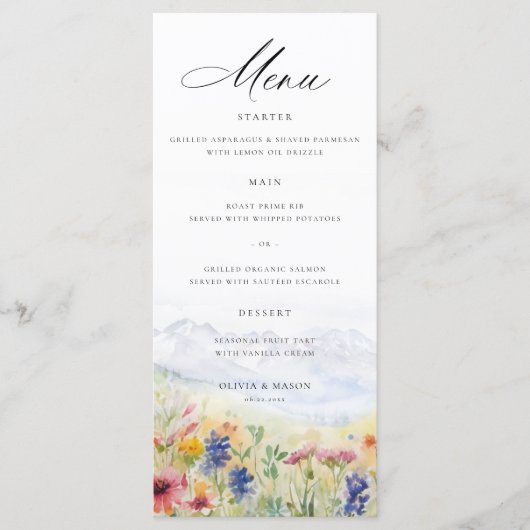 Mountains Wildflowers Meadow Whimsical Wedding Menu (Voorkant)