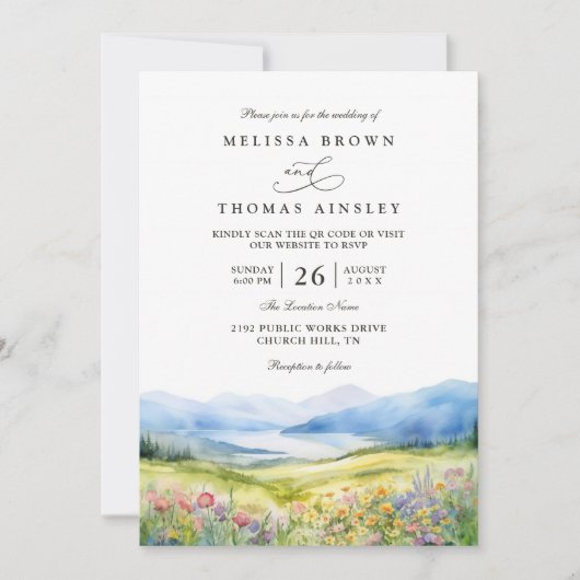 Mountains Wildflowers Rustic QR Code Wedding Kaart (Voorkant)