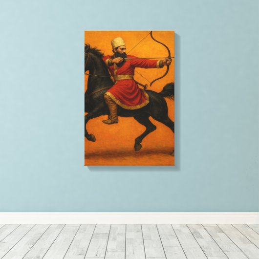 Mounted Archer in Red Robe op Black Warhorse Canvas Afdruk (Insitu (Houten vloer))