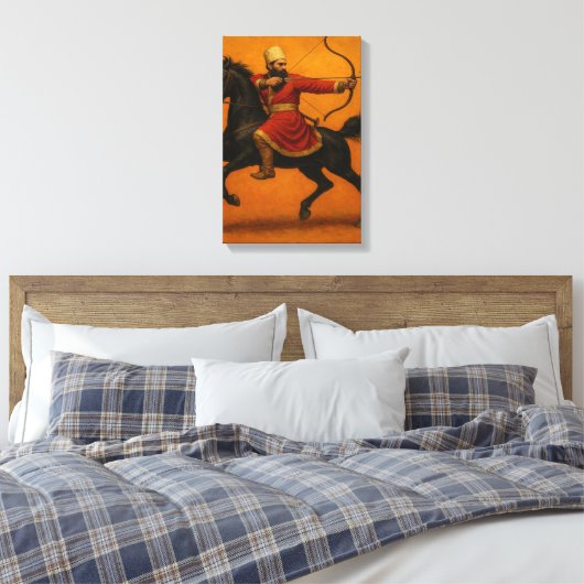Mounted Archer in Red Robe op Black Warhorse Canvas Afdruk (Insitu (Slaapkamer))
