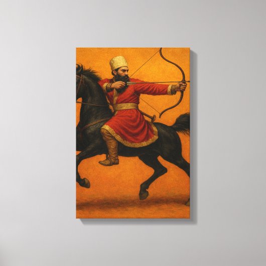 Mounted Archer in Red Robe op Black Warhorse Canvas Afdruk (Voorkant)