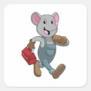 Mouse as Handyman with Toolbox Vierkante Sticker