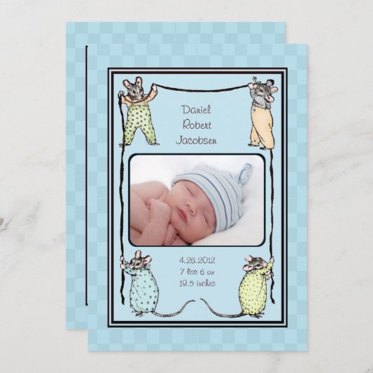  Mouse Baby Boy Geboortedatum Foto Aankondiging (Voorkant / Achterkant)