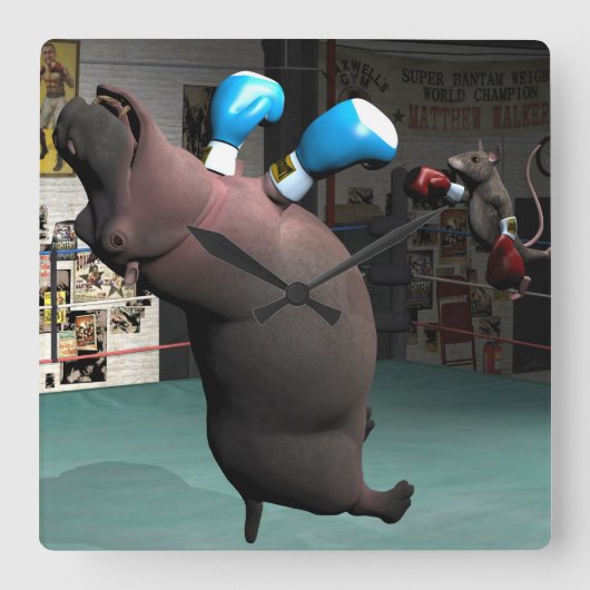 Mouse Beats Hippo KO Vierkante Klok (Voorkant)