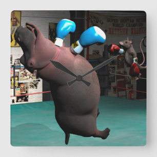 Mouse Beats Hippo KO Vierkante Klok