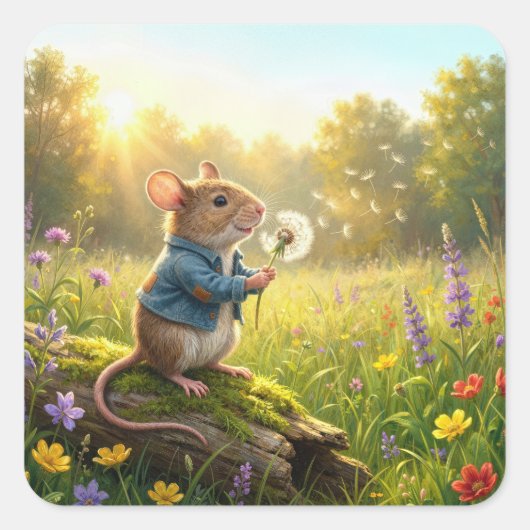 Mouse Blowing Dandelion Seedlings Vierkante Sticker (Voorkant)