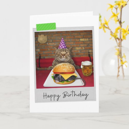 Mouse Burger Cat Funny Birthday Card Kaart (Gele Bloem)