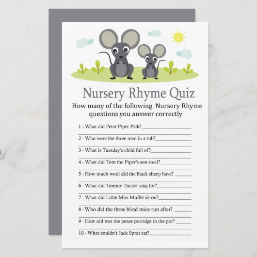 Mouse Nursery Rhyme Quiz baby shower game (Voorkant / Achterkant)