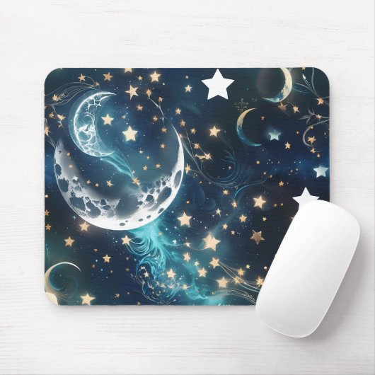 Mouse Pad - Luxury Icy Blue Celestial Moon Phases Muismat (Met muis)